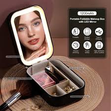 Portable Travel Makeup Organizer Box with LED Light Mirror