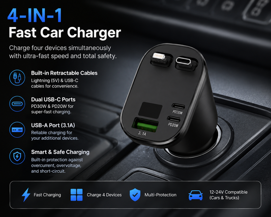 4-in-1 Retractable High-Speed Fast Car Charger